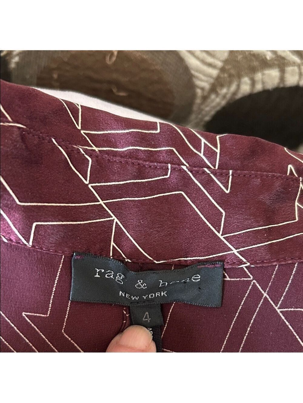 rag & bone Silk Burgundy Long Sleeve Dress with Geometric Pattern size 4 - Picture 13 of 14